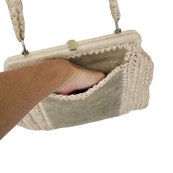 Vintage Handmade Crochet Macrame Straw Suede Shoulder Bag Purse Tan Boho Hippie - Picture 7 of 15